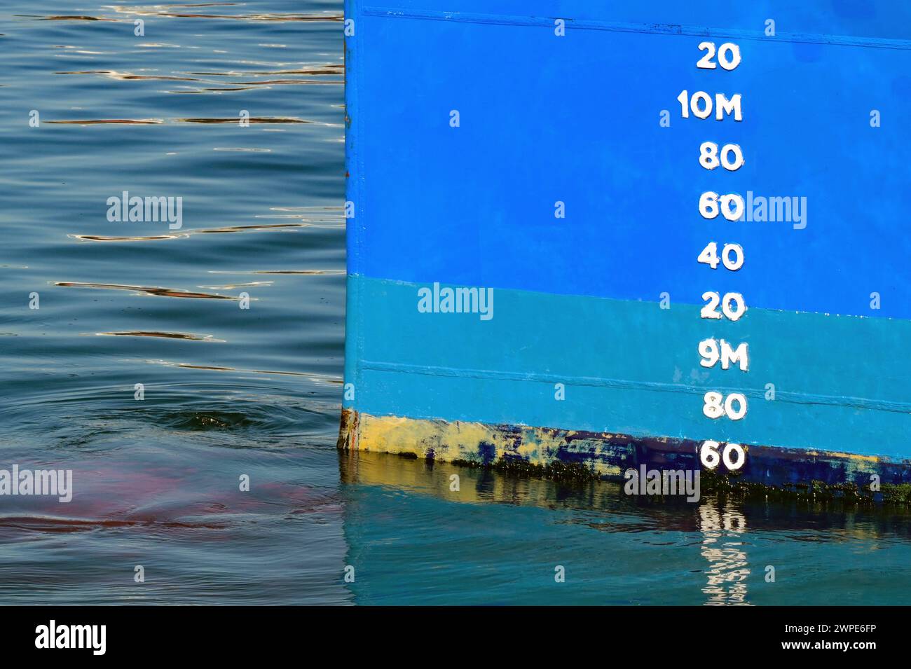 Nahaufnahme der Skala für die Tiefenmessung am Bug eines Schiffes. Stockfoto