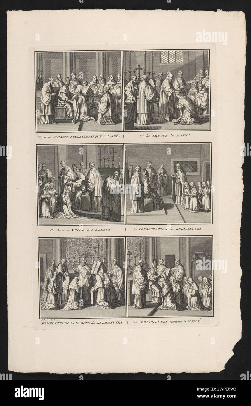 Sechs 1722 Illustrationen zur katholischen Geistlichen-Weihe, die religiöse Zeremonie, Gewänder und Teilnehmer zeigen. Stockfoto