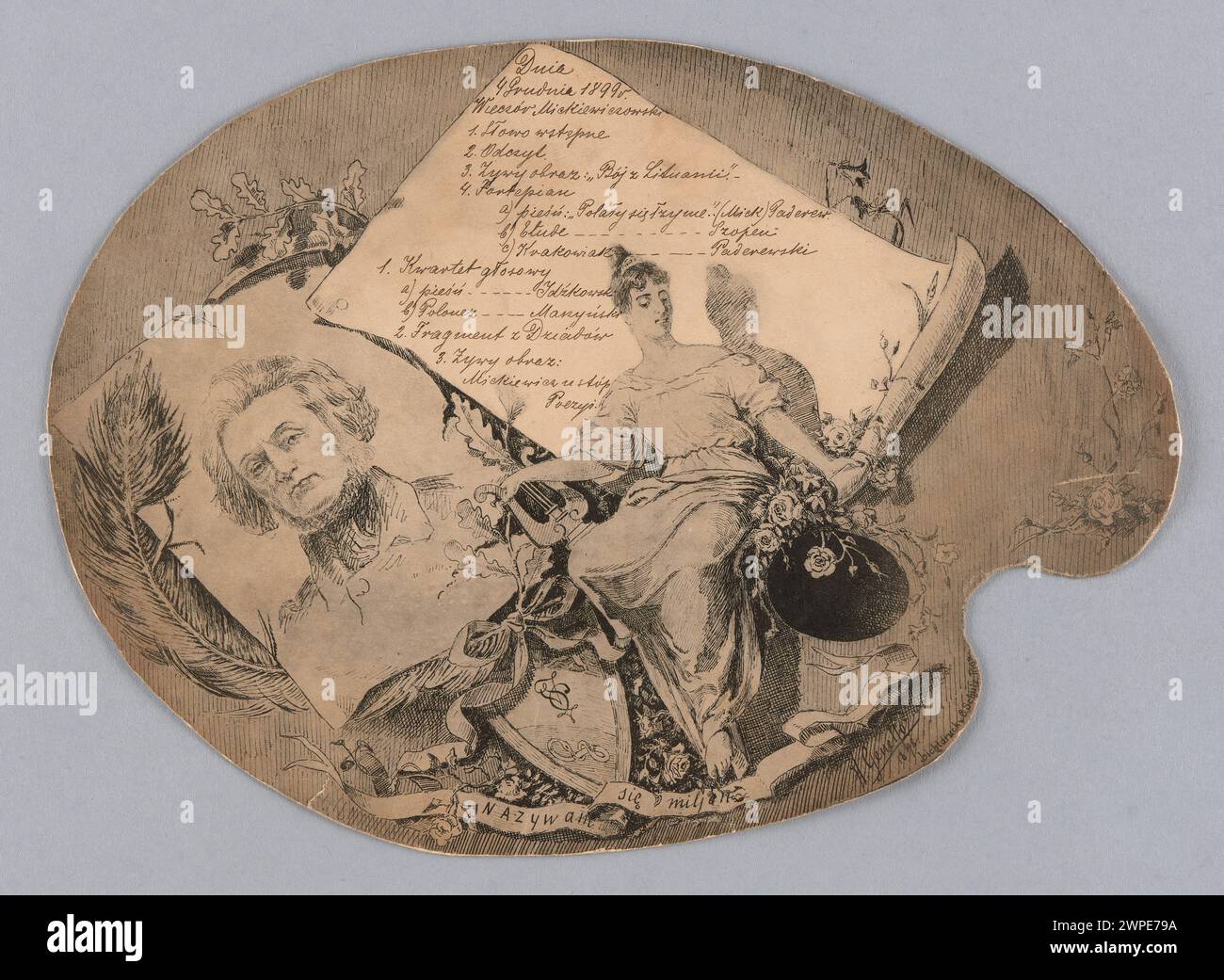 Das Programm wurde 1899 in Form einer Malerpalette für einen Abend zu Ehren von Adam Mickiewicz gedruckt und zeigt sein Porträt aus einem Dagerotypius. Stockfoto