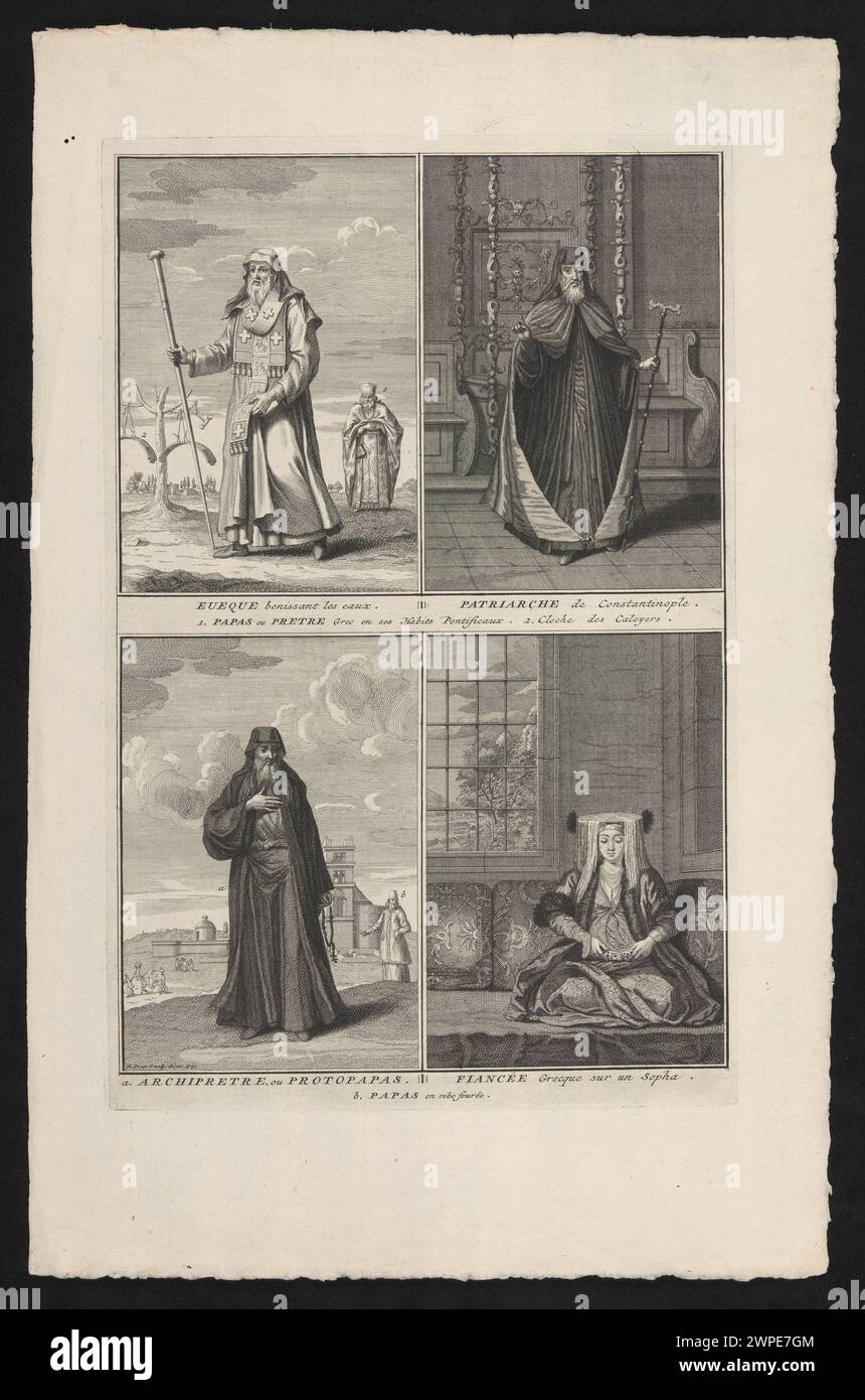 Drei 1731 Illustrationen von Bernard Picart zeigen griechisch-katholische Kleruskleidung und die Darstellung einer griechischen Verlobten, die religiöse und soziale Bekleidungsbräuche hervorhebt. Stockfoto