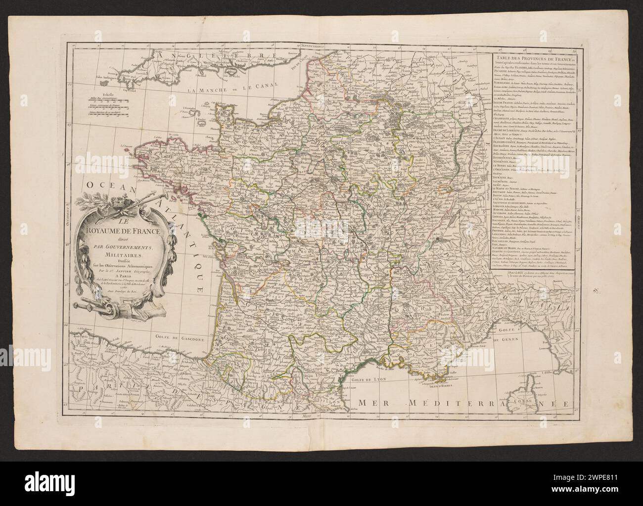 Eine Karte von Jean Beauin aus dem Jahr 1763, die das Königreich Frankreich nach Regierungen und militärischen Regionen aufteilt, basierend auf astronomischen Beobachtungen. Stockfoto
