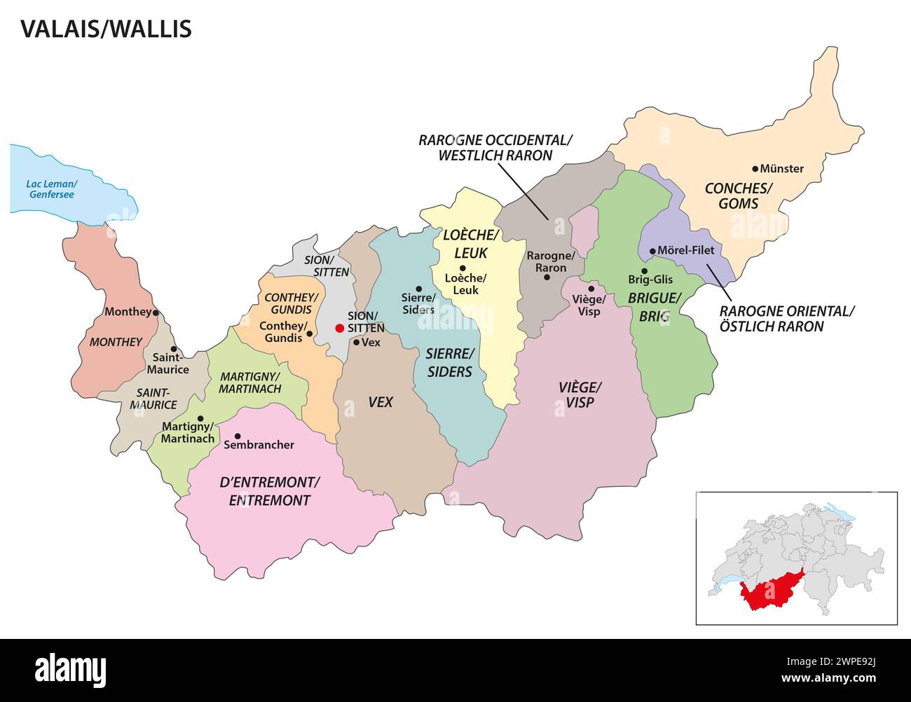 Verwaltungsbezirk Karte des Kantons Wallis, Schweiz Stockfoto