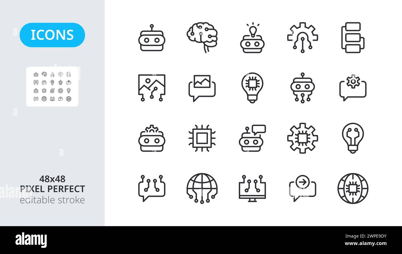 KI-Symbole für künstliche Intelligenz. Intelligente Technologien für den Roboter sind Gehirn. Aufforderung zum Einrichten einer Maschinenanforderung. Algorithmen des Geistes. Liniensymbole pixelgenau und bearbeitbarer Kontur 48x48. Stock Vektor