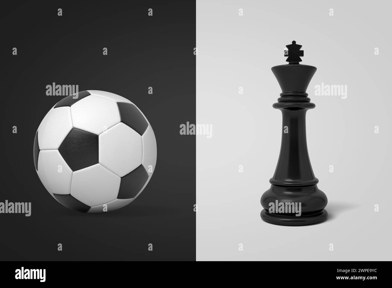 Fußball und Schachkönig auf geteiltem Hintergrund Stockfoto