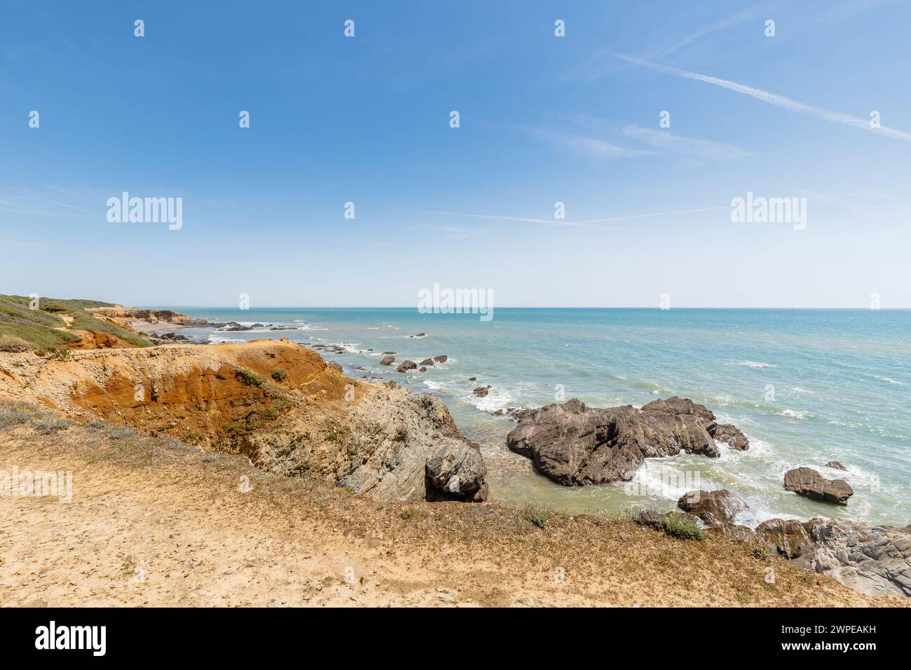 Blick auf den Strand Pointe du Payre, Jard sur Mer, Frankreich an einem Sommertag, Vendée, Frankreich Stockfoto