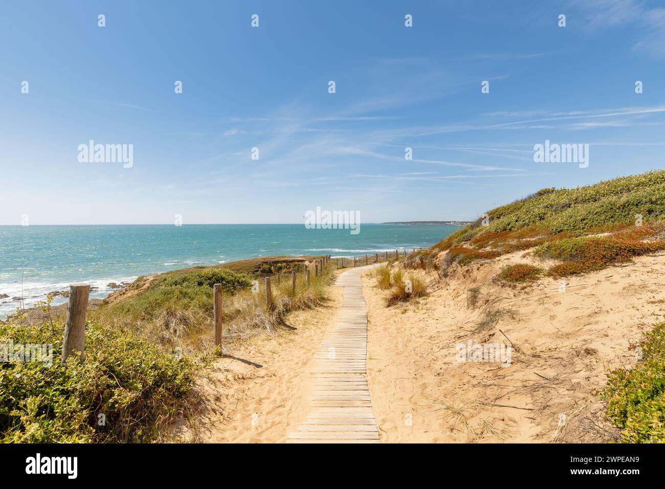 Blick auf den Strand Pointe du Payre, Jard sur Mer, Frankreich an einem Sommertag, Vendée, Frankreich Stockfoto