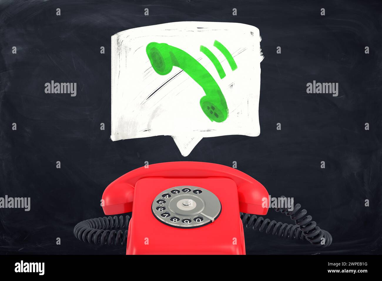 Altmodisches Telefon mit Anrufsymbol auf der Tafel Stockfoto