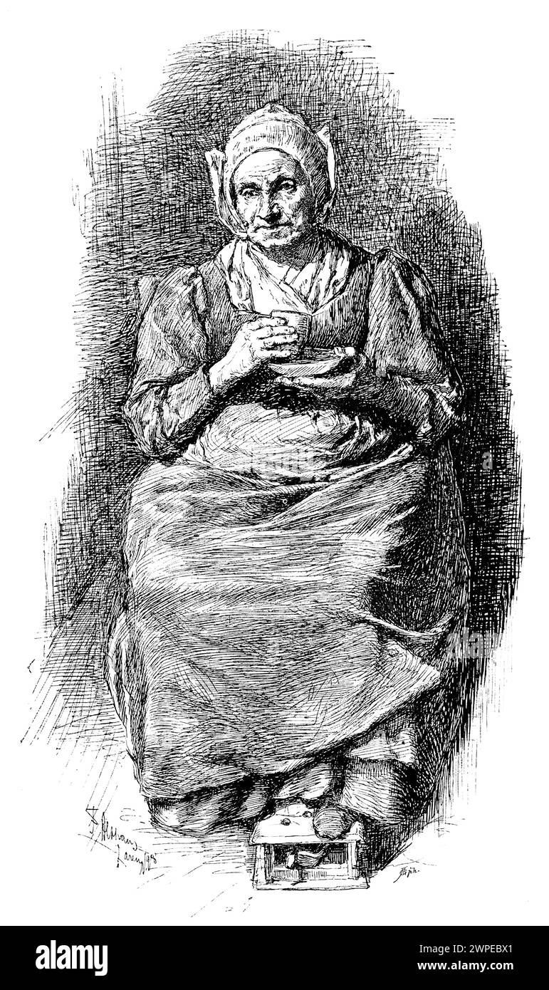 Frau im traditionellen Volendam-Kleid trinkt eine Tasse Tee, 1898-zeilige Illustration des niederländischen Künstlers Franz Althaus Stockfoto