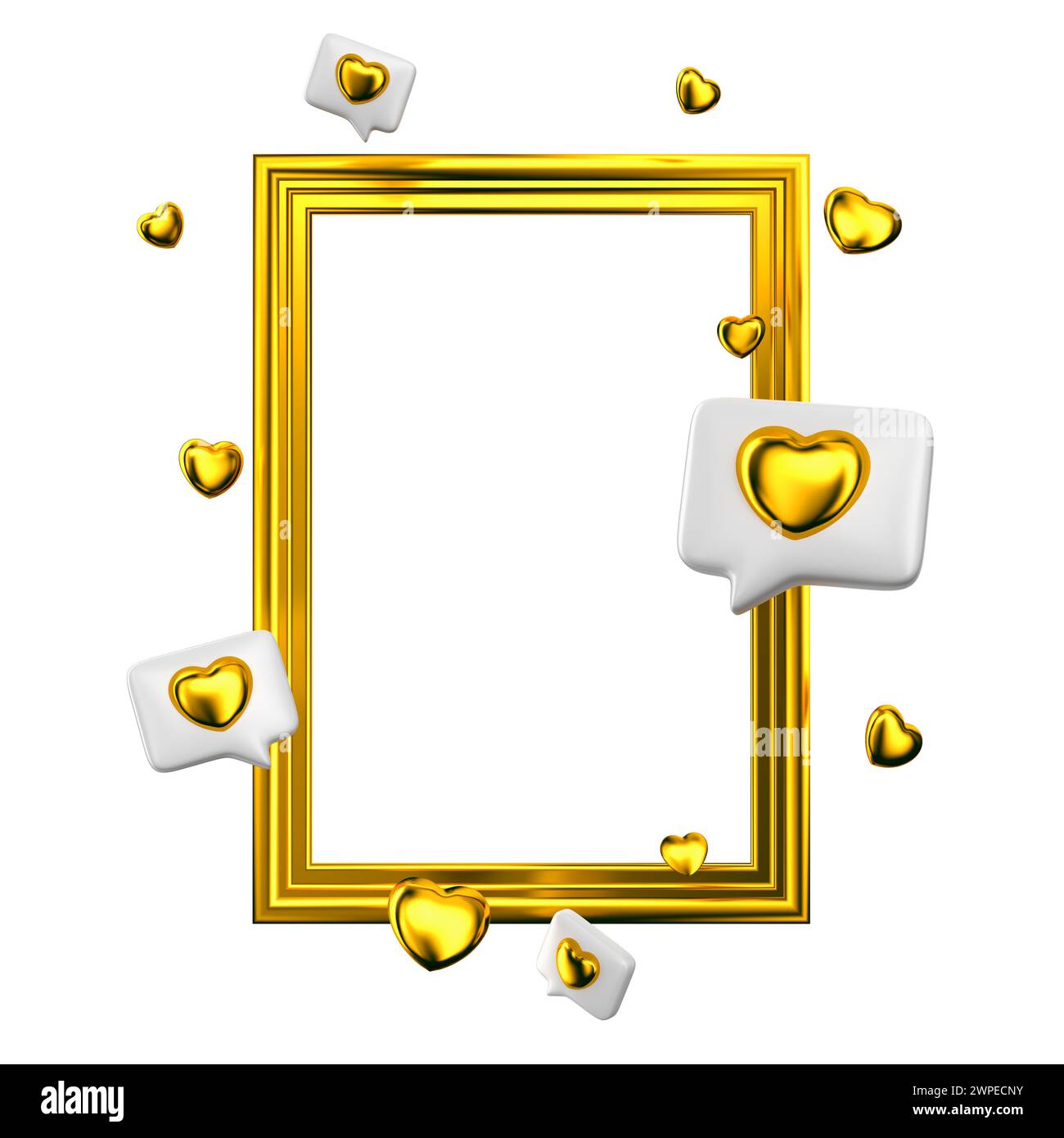 Goldener Rahmen mit goldenen Herzformen isoliert. Like- oder Love-Konzept-Mockup. 3D-Rendering Stockfoto