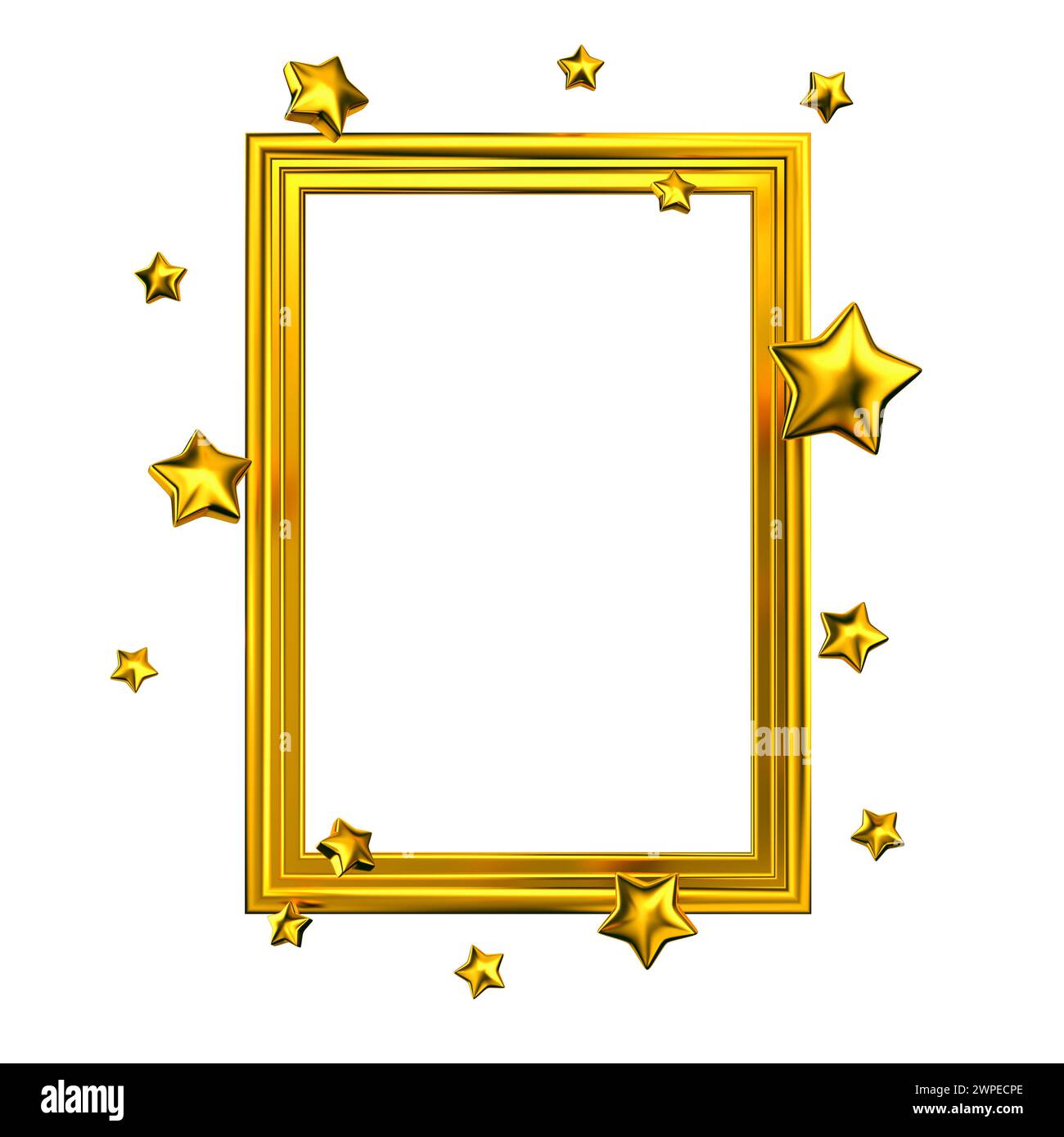 Goldener Rahmen mit goldenen Sternformen isoliert. Modell für Zuschlag oder Qualitätskonzept. 3D-Rendering Stockfoto