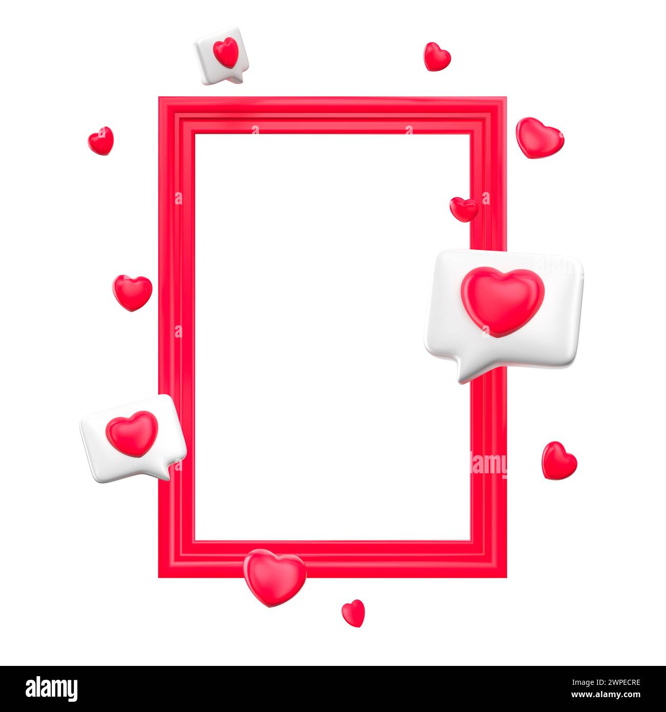 Roter Rahmen mit isolierten Herzformen. Like- oder Love-Konzept-Mockup. 3D-Rendering Stockfoto