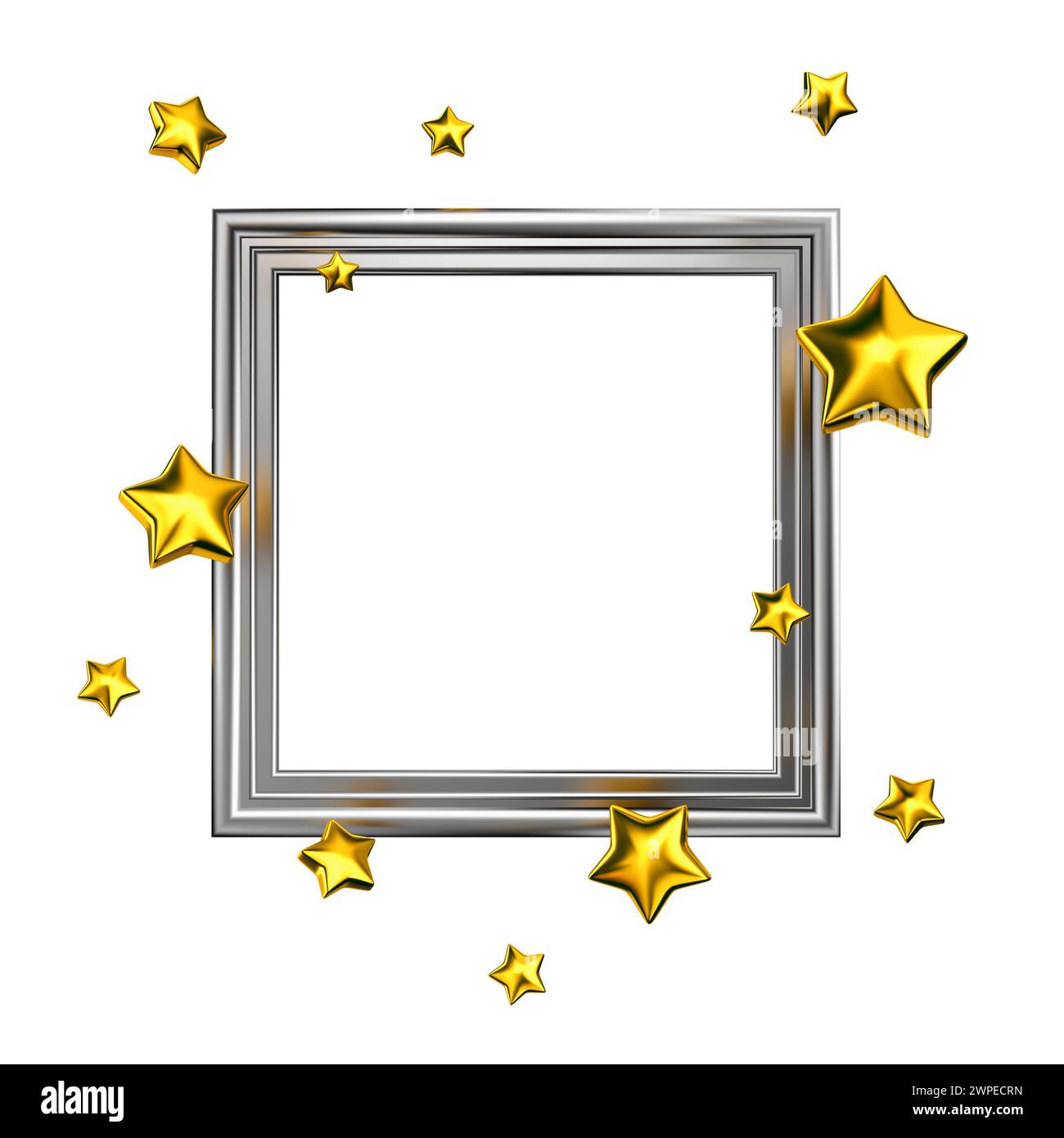 Silberner Rahmen mit goldenen Sternformen isoliert. Modell für Zuschlag oder Qualitätskonzept. 3D-Rendering Stockfoto