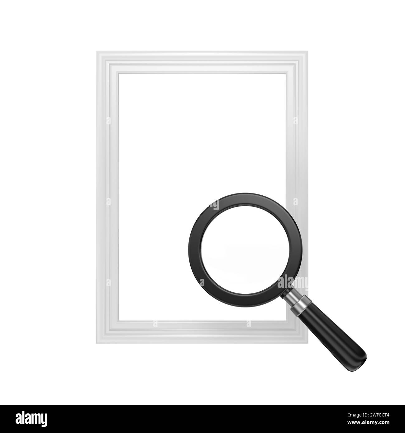 Weißer Rahmen und Lupe isoliert. Transparentes Suchsymbol für Modellsuche, Lesen, Forschung, Analyse oder Erkennungskonzept. 3D-Rendering Stockfoto