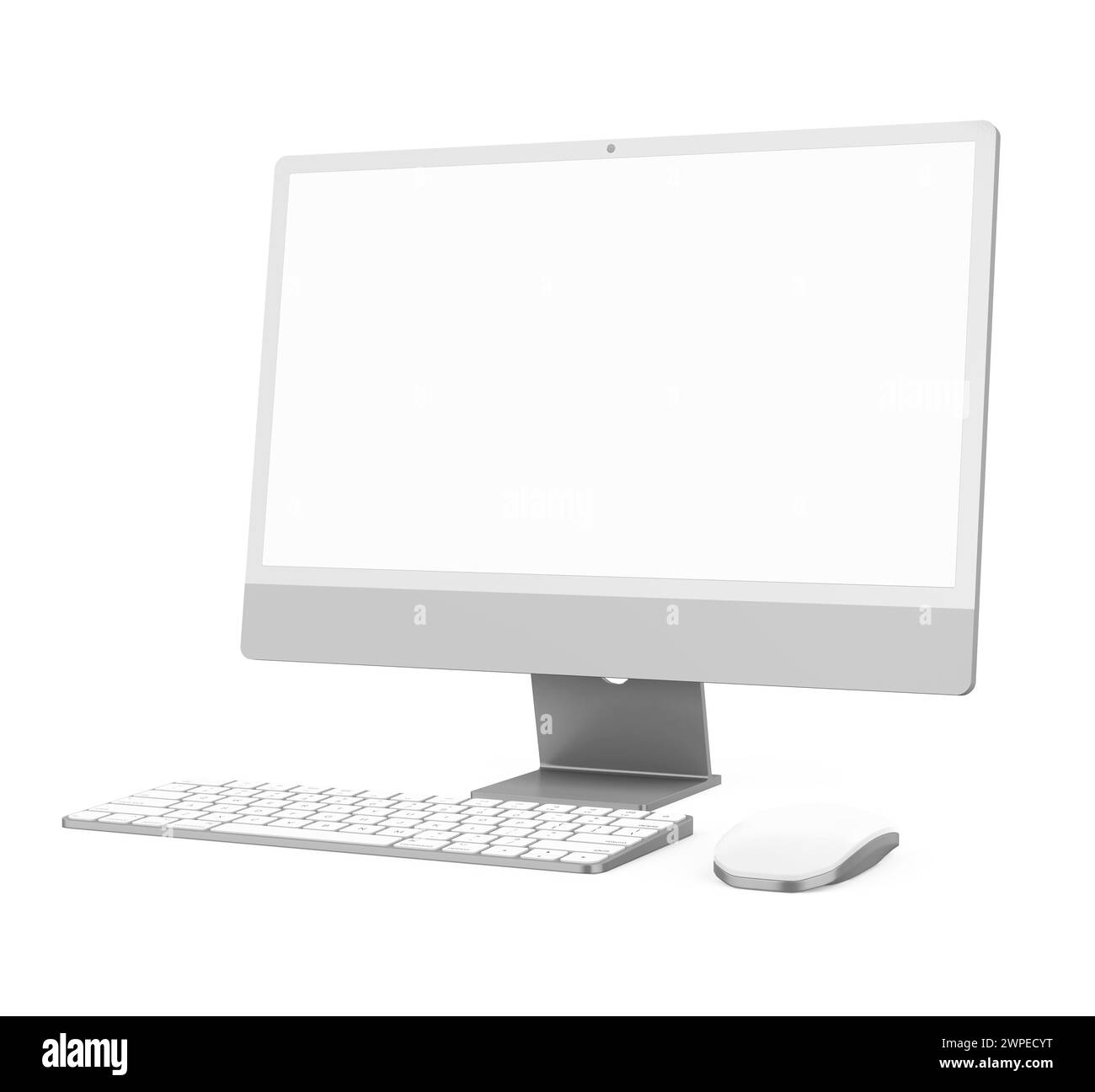 Desktop Computer mit einer leeren weißen Bildschirm, Monitor, Tastatur und Maus isoliert Stockfoto