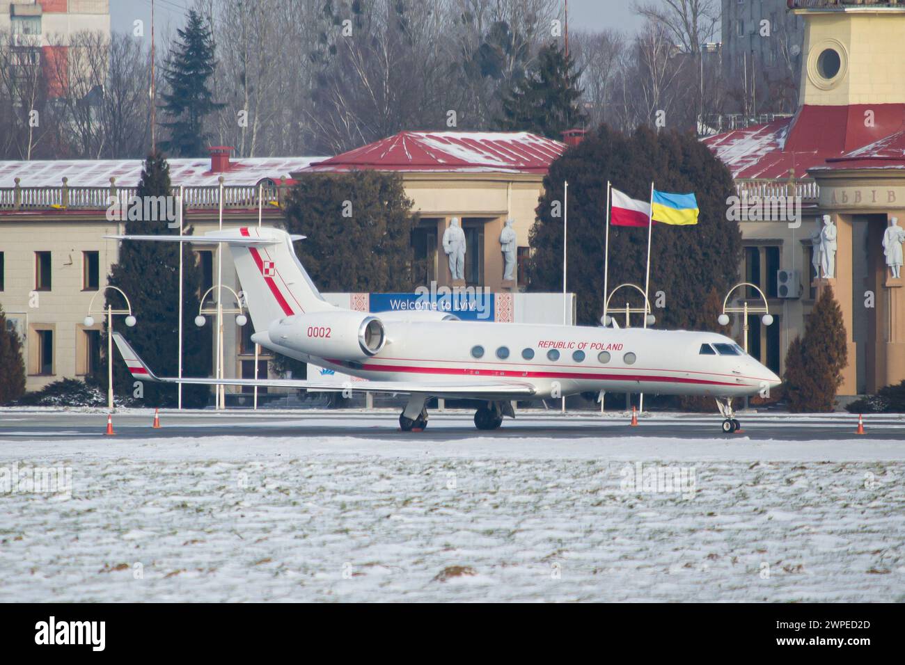 Polnische Regierung Gulfstream G550 VIP-Flugzeug parkt in Lemberg Stockfoto