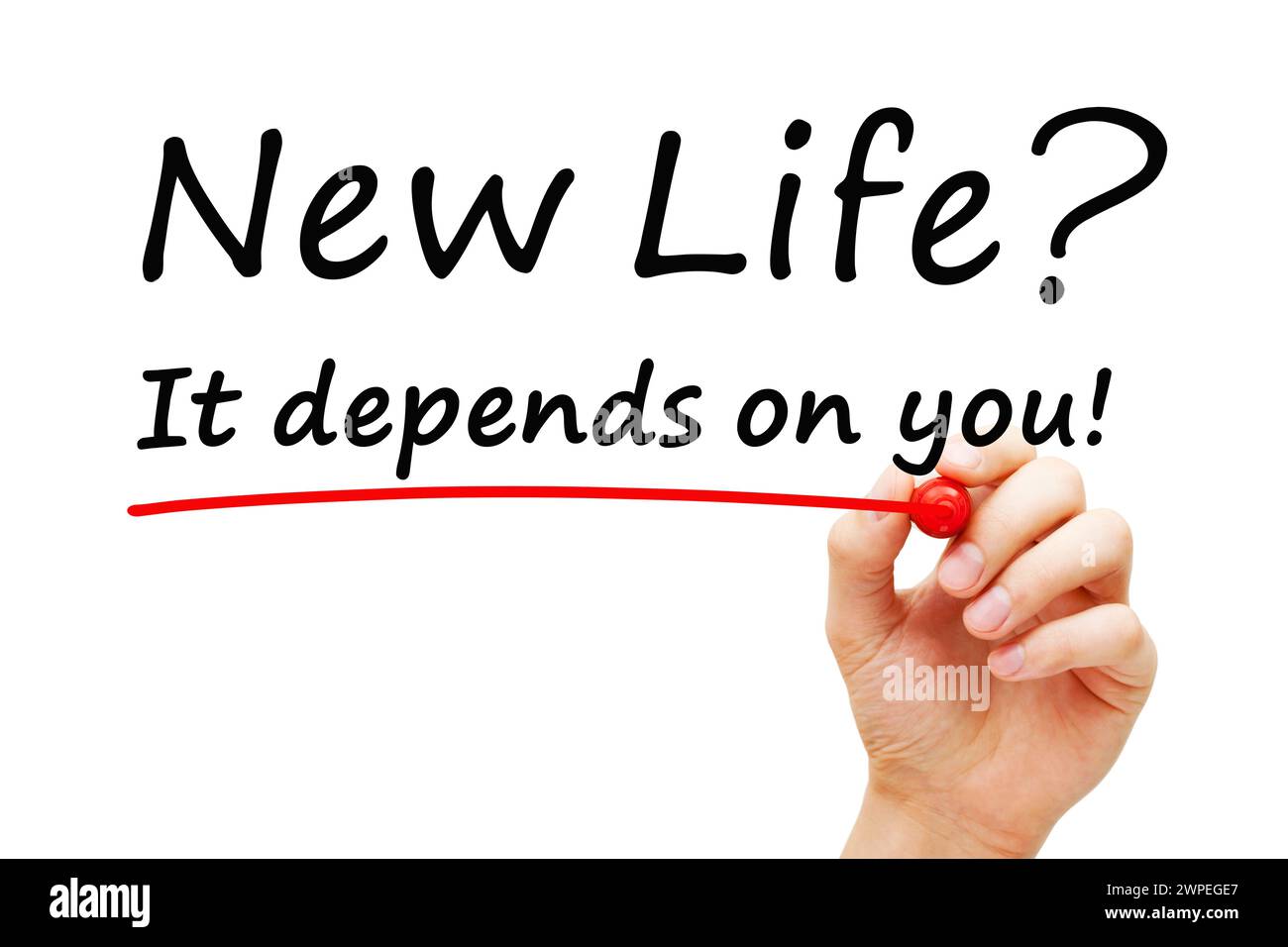 Inspirierendes Zitat von Hand schreiben Neues Leben es hängt von Ihnen ab mit einem Marker auf weißem Hintergrund. Stockfoto