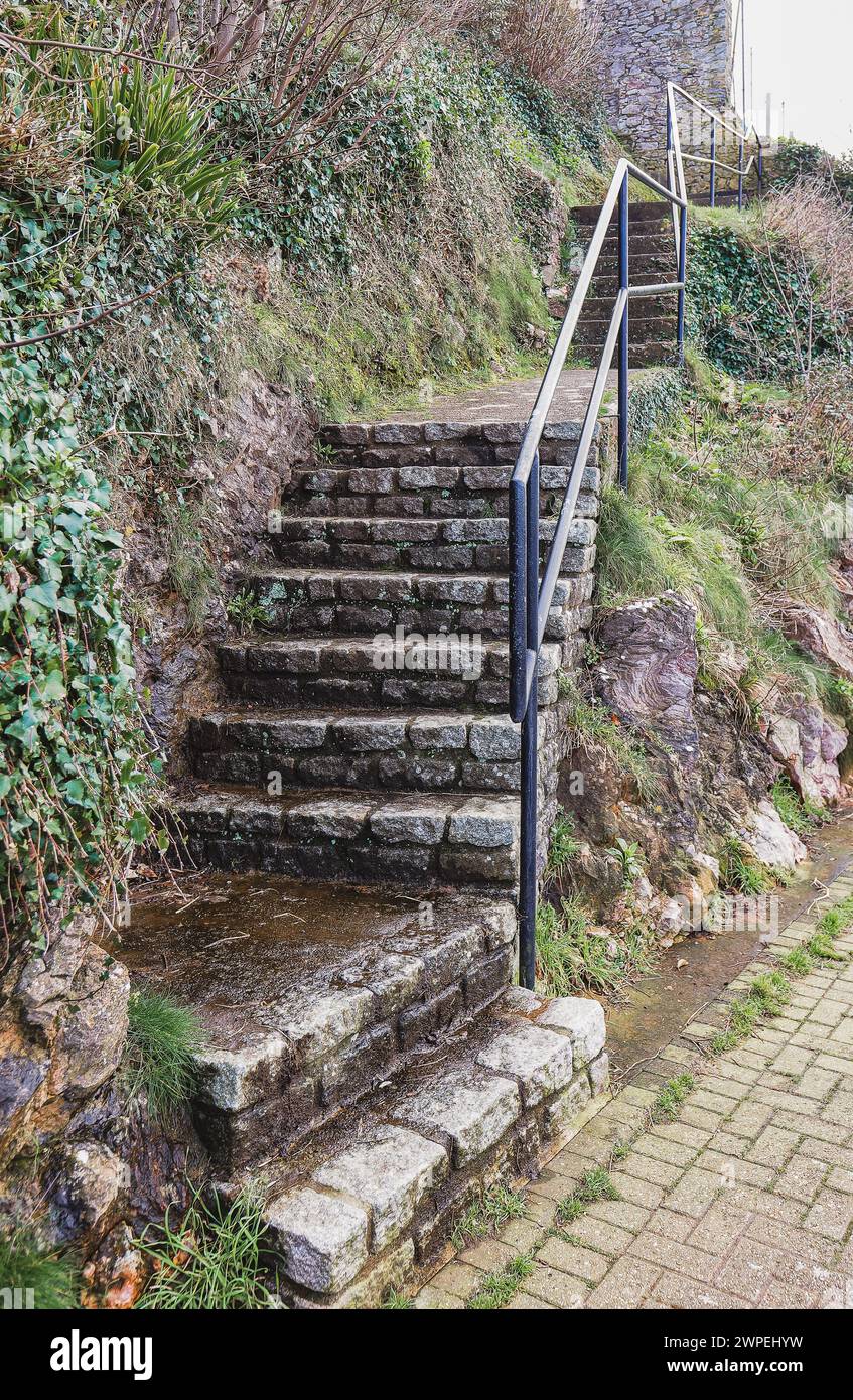 Steintreppen, die nach oben gegen ein Ufer wilder Sträucher führen, mit Handlauf, der zu einer großen Steinmauer ohne sichtbares Ziel führt Stockfoto