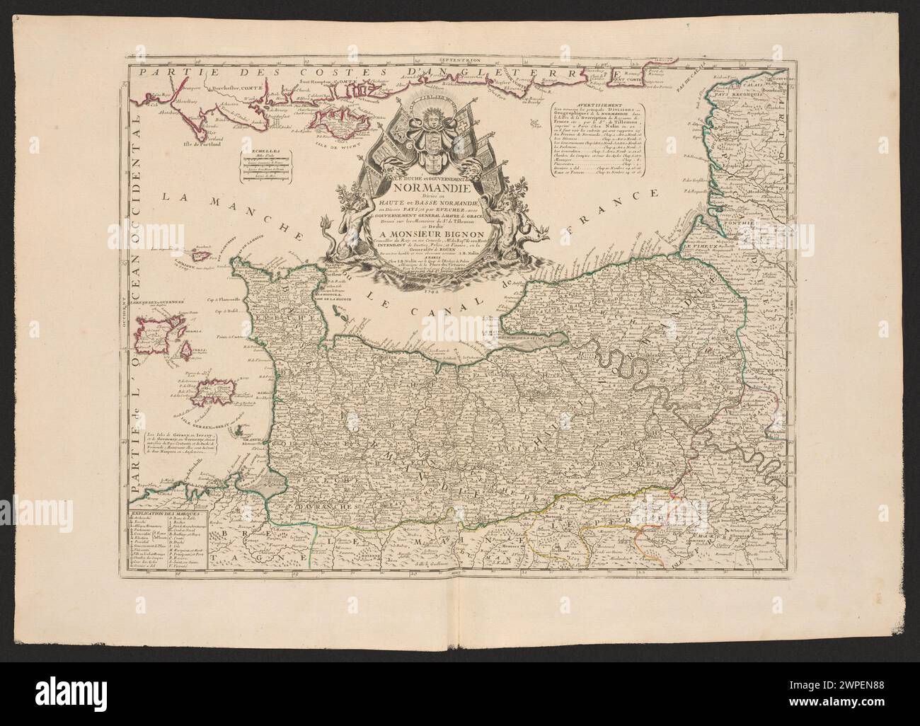 Karte, die die Verwaltung der Normandie in die obere und untere Normandie mit Verwaltungsabteilungen aufteilt, erstellt von Jean Beauin 1763, um territoriale Organisation und Grenzen zu veranschaulichen. Stockfoto
