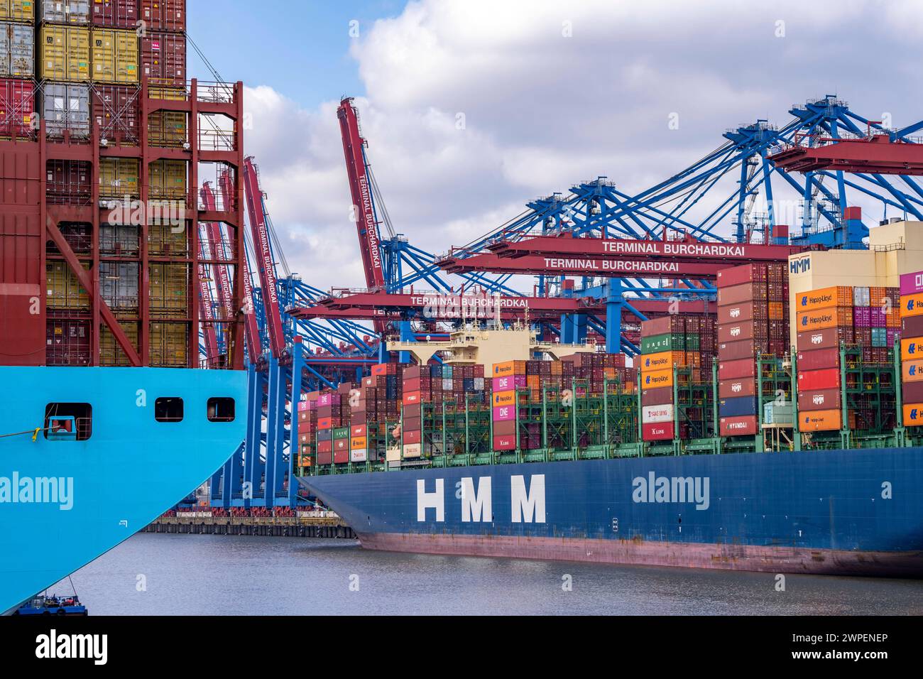 Magleby Maersk Container Frachter im EUROGATE Container Terminal, Waltershofer Hafen, gehört zu den größten Containerschiffen der Welt , Kapazität von 18.270 TEU, Triple E Klasse, HMM Nuri Containerfrachter, am HHLA Container Terminal Burchardkai, Kapazität von bis zu 16000 TEU, Hamburg, Deutschland Containerschiff *** Magleby Maersk Containerfrachter am EUROGATE Containerterminal, Waltershofer Hafen, ist eines der größten Containerschiffe der Welt, mit einer Kapazität von 18.270 TEU, Triple E Klasse, HMM Nuri Containerfrachter, am HHLA Containerterminal Burchardkai, Kapazität von bis zu 16000 TEU, H Stockfoto