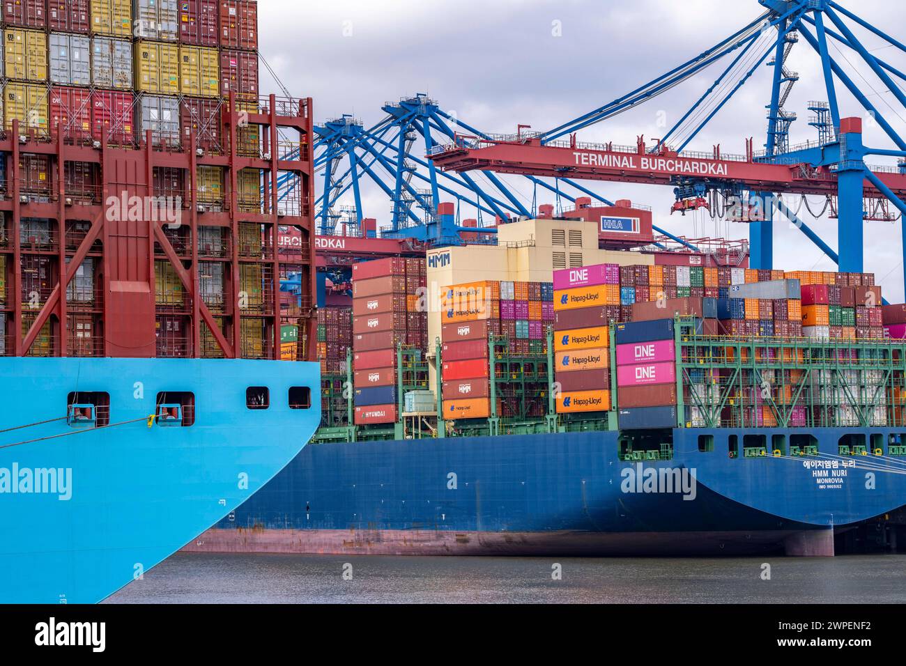 Magleby Maersk Container Frachter im EUROGATE Container Terminal, Waltershofer Hafen, gehört zu den größten Containerschiffen der Welt , Kapazität von 18.270 TEU, Triple E Klasse, HMM Nuri Containerfrachter, am HHLA Container Terminal Burchardkai, Kapazität von bis zu 16000 TEU, Hamburg, Deutschland Containerschiff *** Magleby Maersk Containerfrachter am EUROGATE Containerterminal, Waltershofer Hafen, ist eines der größten Containerschiffe der Welt, mit einer Kapazität von 18.270 TEU, Triple E Klasse, HMM Nuri Containerfrachter, am HHLA Containerterminal Burchardkai, Kapazität von bis zu 16000 TEU, H Stockfoto