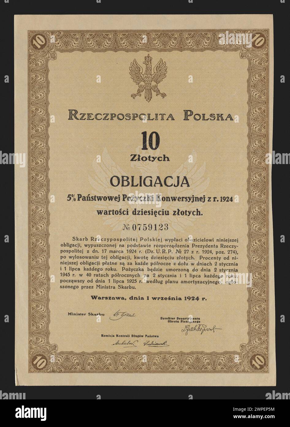 Eine staatliche Wandelanleihe mit einem Nennwert von zehn Zloty, die 1924 ausgegeben wurde und die Staatsschulden repräsentiert. Stockfoto