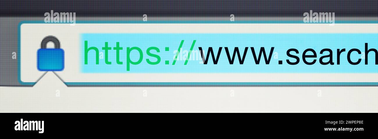 Sicher, Website und url der Suchleiste auf dem Computerbildschirm für Informationen, weltweites Surfen und Server. Homepage, HTML oder Webseitenadresse mit Nahaufnahme Stockfoto