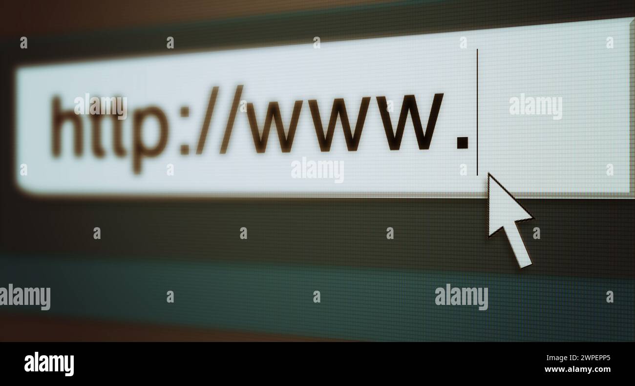 Web, Cursor und url der Suchleiste auf dem Computerbildschirm für Informationen, weltweites Surfen und Server. Homepage, HTML oder Webseitenadresse zum Durchsuchen Stockfoto