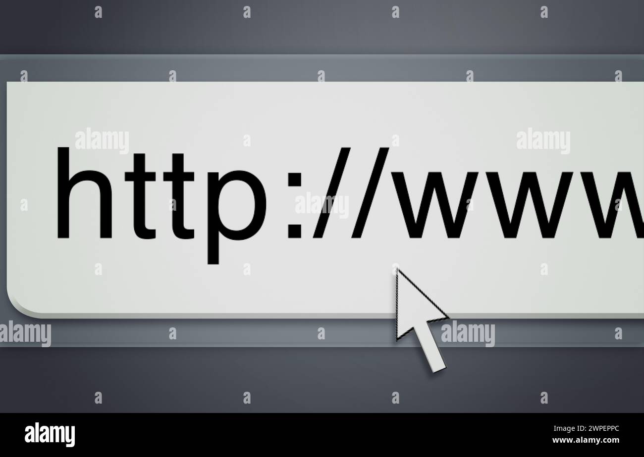 Website, Cursor und url der Suchleiste auf dem Computerbildschirm für Informationen, weltweites Surfen und Server. Homepage, HTML oder Webseitenadresse zum Durchsuchen Stockfoto