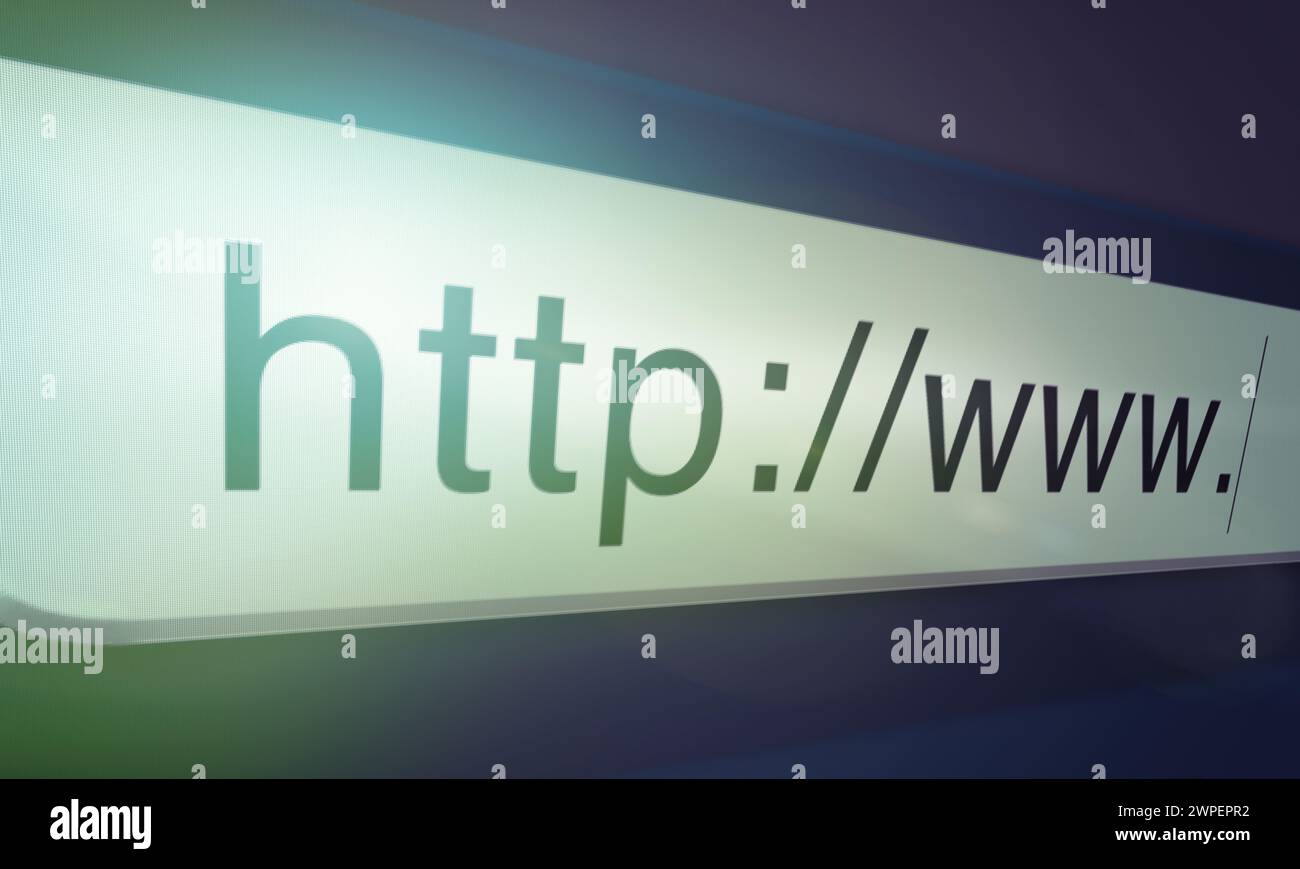 Browser, Website und url der Suchleiste auf dem Computerbildschirm für Informationen, weltweites Surfen oder Server. Homepage, HTML oder Webseitenadresse mit Nahaufnahme Stockfoto