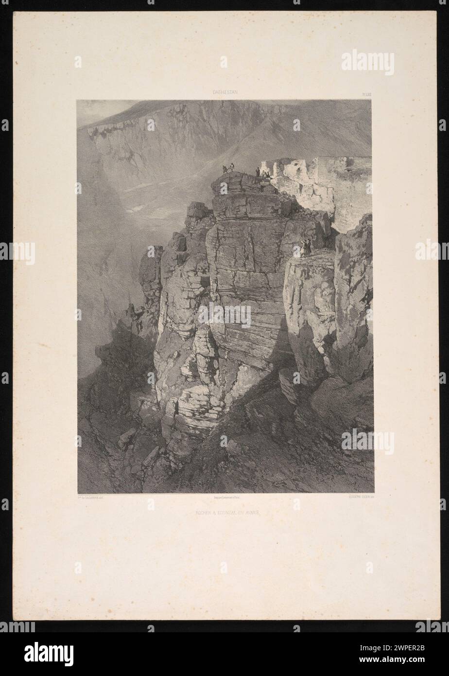 Eine Darstellung der Kaukasusfelsen, die 1847 von Eugene Cicéri, Grigory Gagarin und Rose Joseph Lemercier erstellt wurden, zeigt Berglandschaften und geologische Formationen. Stockfoto