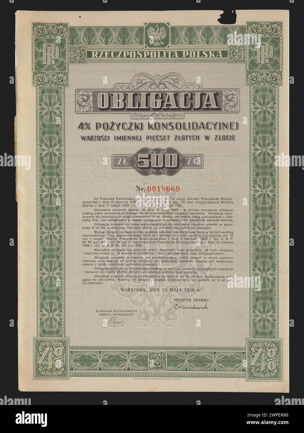 Diese 1936 in Warschau ausgegebene Konsolidierungsdarlehensanleihe stellt eine finanzielle Sicherheit dar, die für die Schuldenkonsolidierung in Polen verwendet wird. Stockfoto