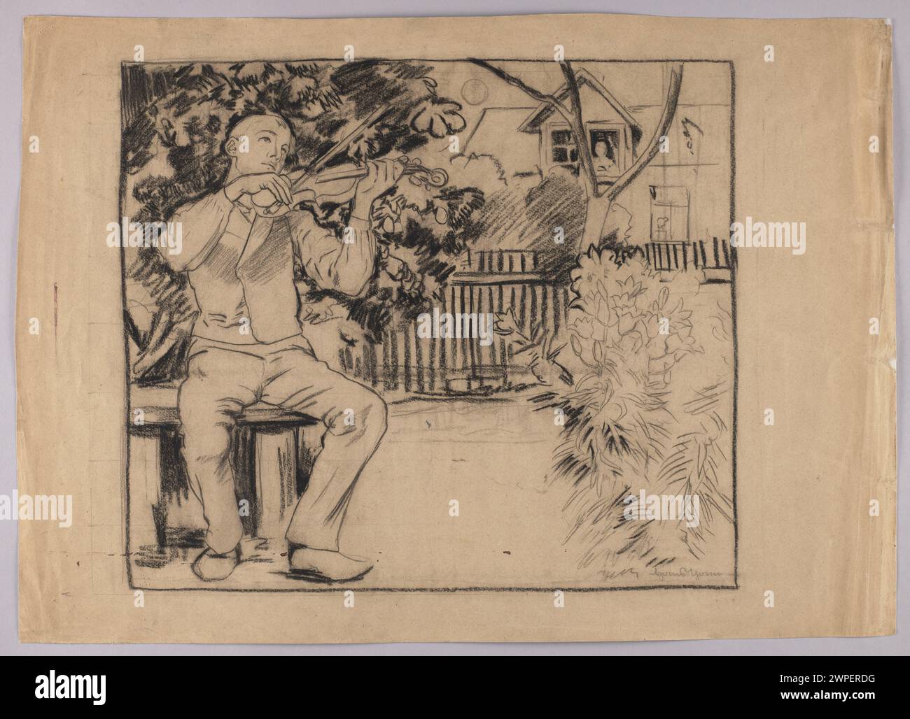 Studie von Hans Thoma um 1890 über einen Geiger, der in Gegenwart eines Prinzen spielt und Haltung, Geste und musikalische Performance betont. Stockfoto