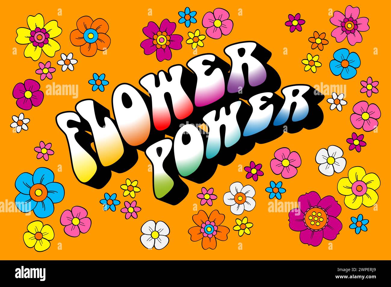 Flower Power-Schriftzug umgeben von zahlreichen farbenfrohen Hippie-Blumen auf orangefarbenem Hintergrund. Slogan und Symbol für passiven Widerstand und Gewaltlosigkeit. Stockfoto