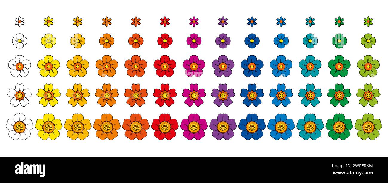 Fünf bunte Blumensätze, verschiedene Arten von Blüten, Pop Art farbig und in Reihen angeordnet. Gruppen von bunten Blumen. Stockfoto