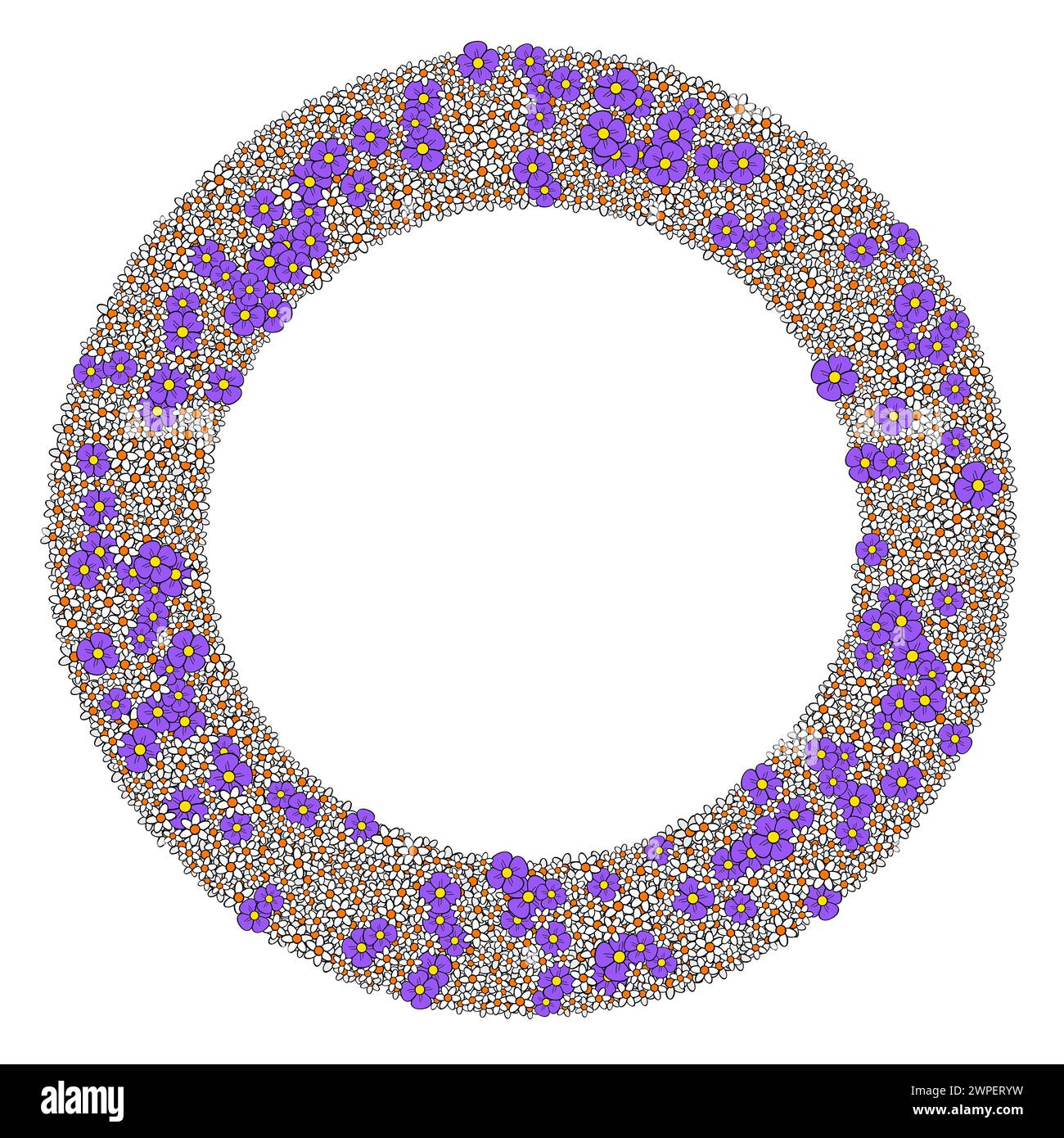 Blumenkranz aus zahlreichen kleinen weißen und violetten Blüten. Kreisförmiger Rahmen mit vielen zufällig angeordneten Blüten. Isolierte Abbildung. Stockfoto
