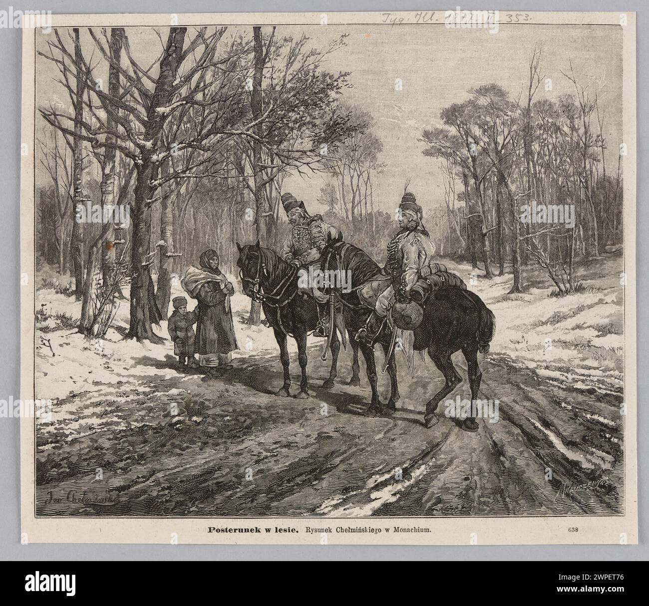 Jan Chełmiński Gemälde „Post in the Forest“ (1877) erschien in Tygodnik Ilustrowany, Ausgabe 102, Seite 353. Das Werk mit Beiträgen von Michał Kluczewski zeigt eine Waldszene. Stockfoto