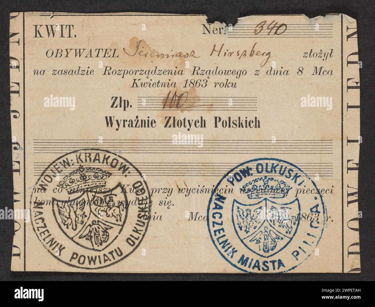 1863 amtliche Quittung für 100 polnische Buttons, ausgestellt von der nationalen Regierung während des Januaraufstands. Stockfoto