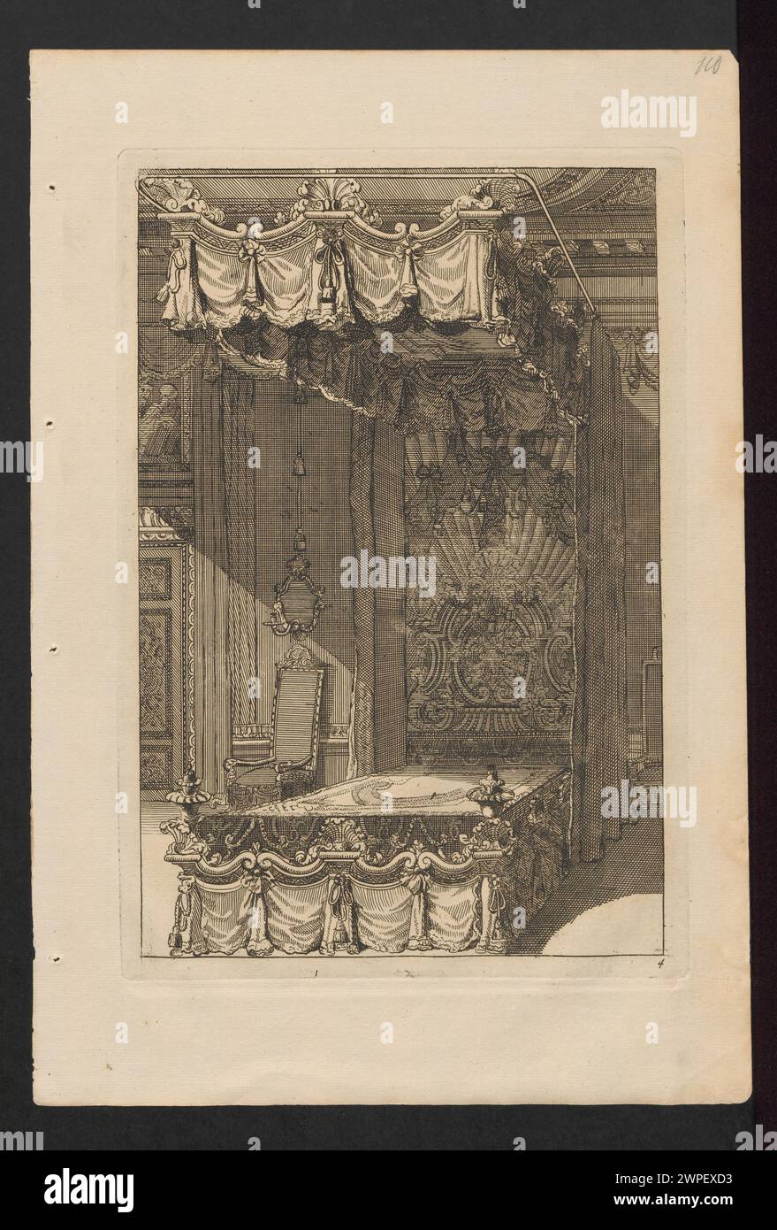 Ein Fragment der Großmutter des Baldachins (Projekt Nr. 4); unbekannt, Marot, Daniel (1661-1752; St.); um 1702 (1663-00-00-1752-00-00);Magdalenaea (Sammlung), Schlesisches Museum der Bildenden Künste (Wrocław - 1880-1945) - Sammlung, Vordächer, Dekorationen, Kammern, Möbel, Ornamente, Designs, Innenräume, Betten, Betten Stockfoto