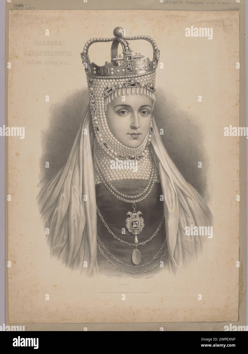 Dieses Porträt zeigt Barbara Radziwiłł, gemalt von Francisque-Martin-Francois Grenier de Saint-Martin nach 1857 und zeigt europäischen Porträtstil, Kleidung und Gesichtszüge des 19. Jahrhunderts. Stockfoto