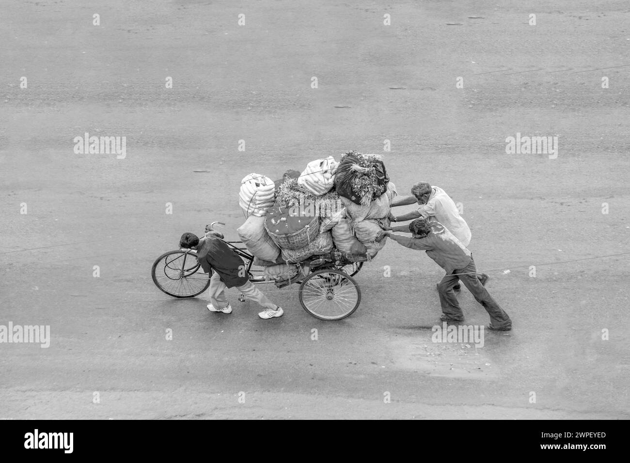 Jaipur, Indien - 13. November 2011: Bauern tragen ihr Gemüse in einer Rikscha und ziehen mit der ganzen Familie den Wagen entlang der Hauptstraße. Stockfoto