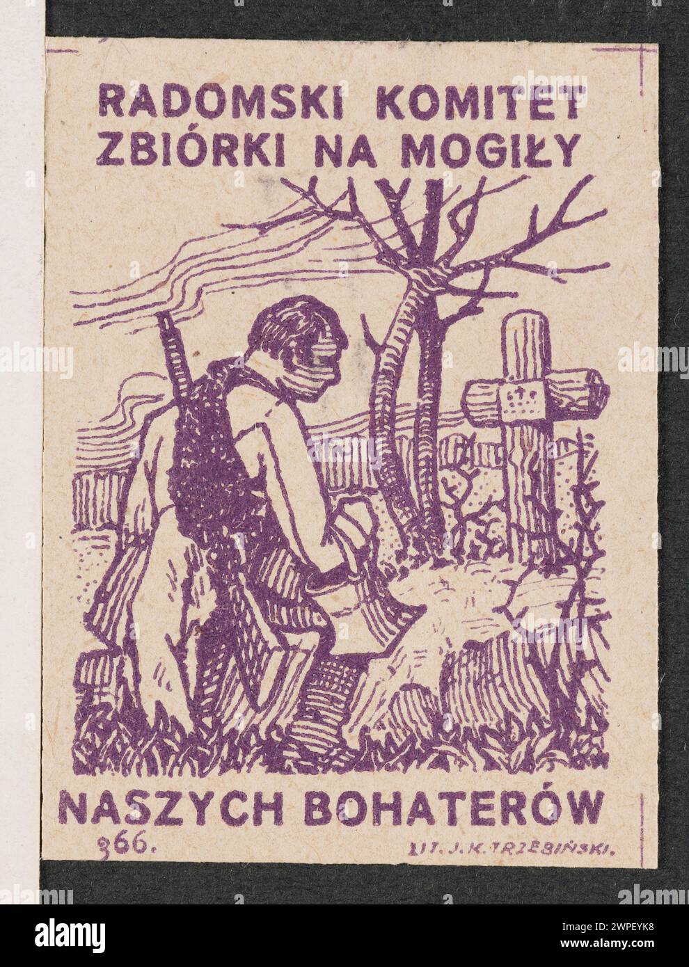 Druck eines knienden Soldaten über einem Grab mit dem Text über Radoms Sammelkomitee für Heldengräber, der um 1914–1920 von Jan Kanty Trzebiński produziert wurde. Stockfoto