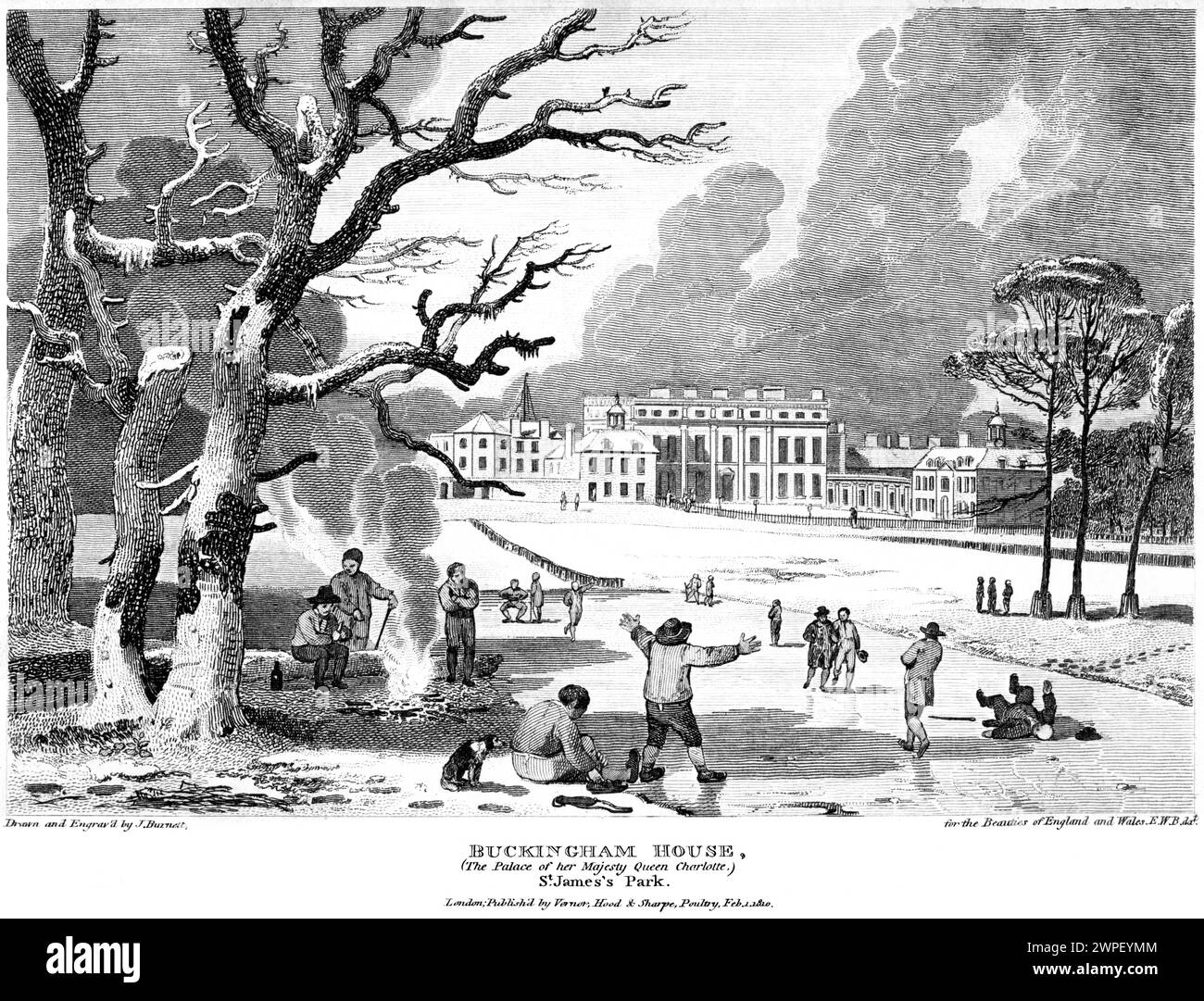 Gravur mit dem Titel Buckingham House (The Palace of her Majesty Queen Charlotte) St James Park, London, Großbritannien, scannte in hoher Auflösung ein Buch von 1815. Stockfoto
