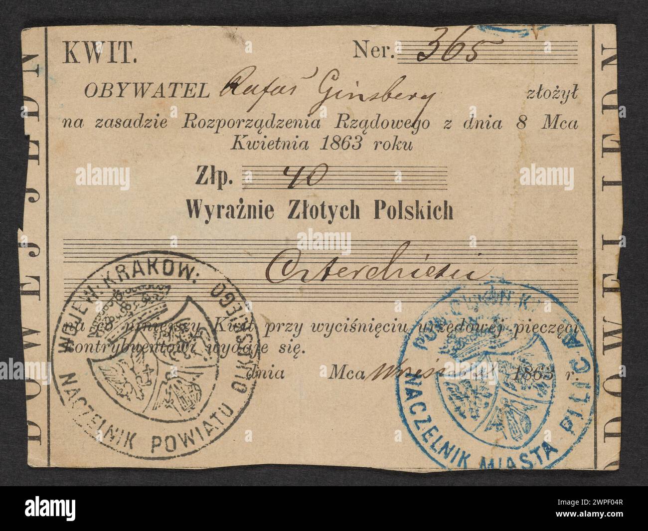 1863 amtliche Quittung für 40 polnische Buttons, ausgestellt von der nationalen Regierung während des Januaraufstands. Stockfoto