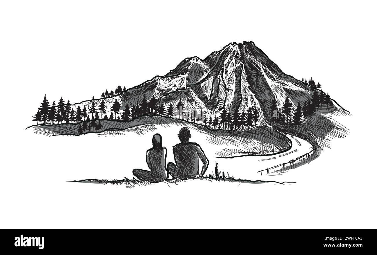 Berg mit Kiefern und Landschaft schwarz auf weißem Hintergrund. Handgezeichnete felsige Gipfel im Skizzenstil. Vektordarstellung. Stock Vektor