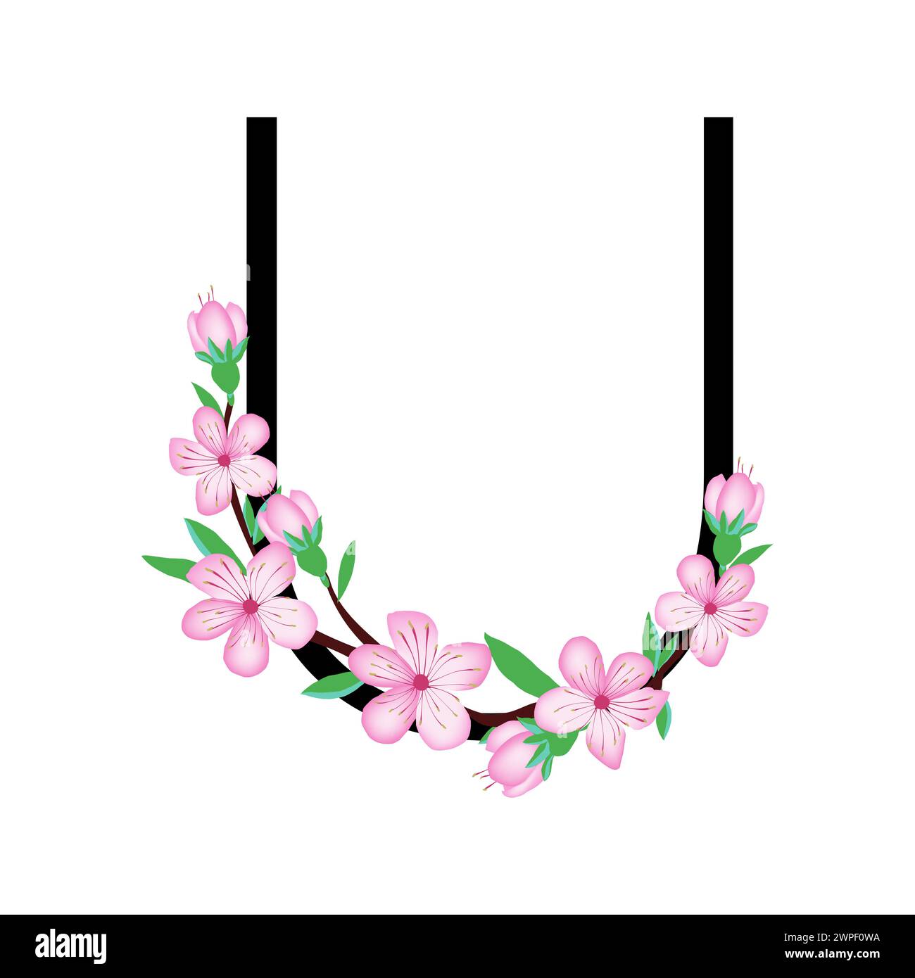 Sakura Blütenpinken kleines Blumenalphabet zum Gestalten von Karten oder Einladungen. Vektor-Illustrationen, isoliert auf weißem Hintergrund für Frühlingskirschflor Stock Vektor