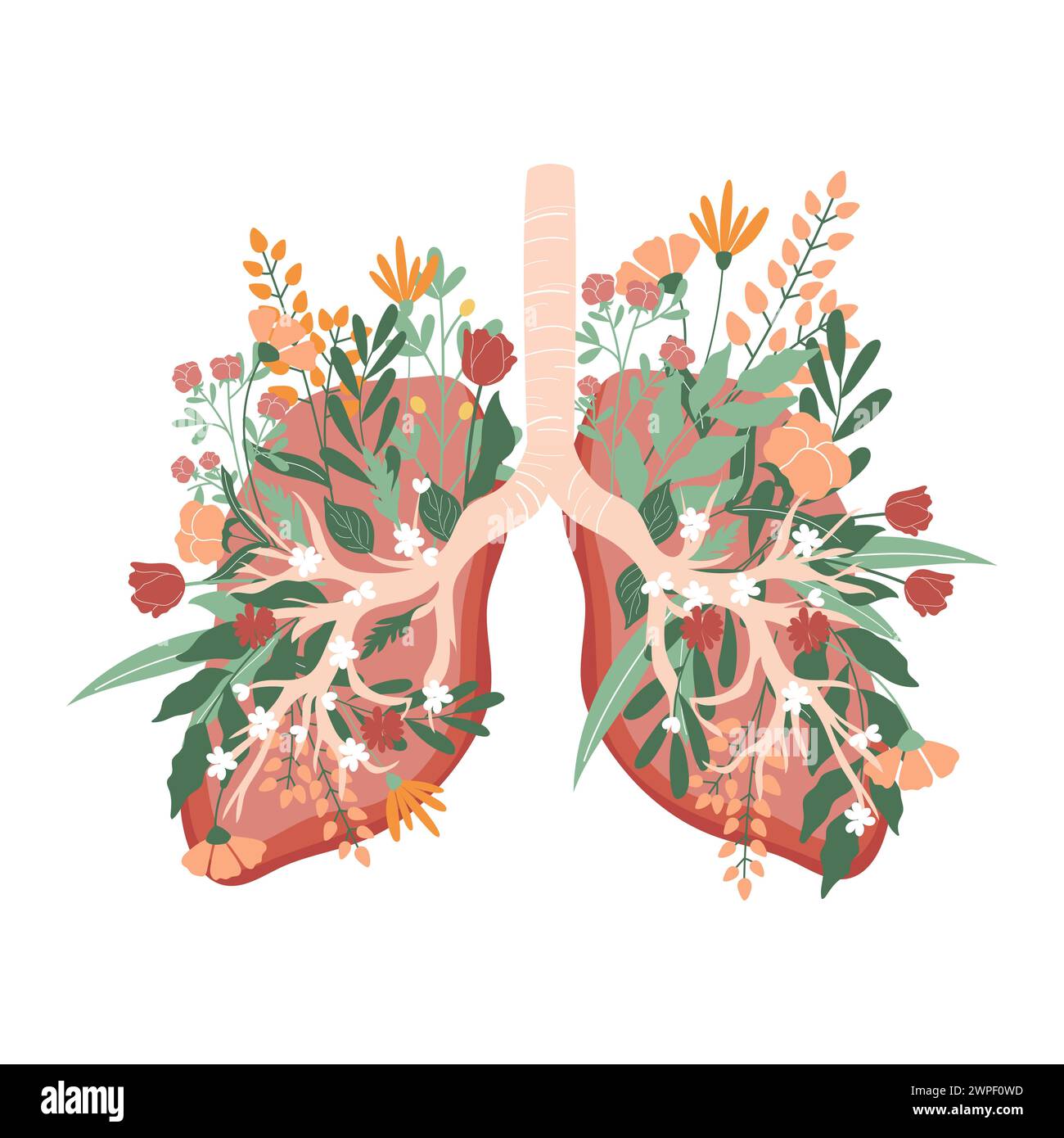 Bunte Illustration menschlicher Lungen voller Blumen und Blätter. Kein Tabak Day handgezeichnetes Vektorkonzept. Stock Vektor