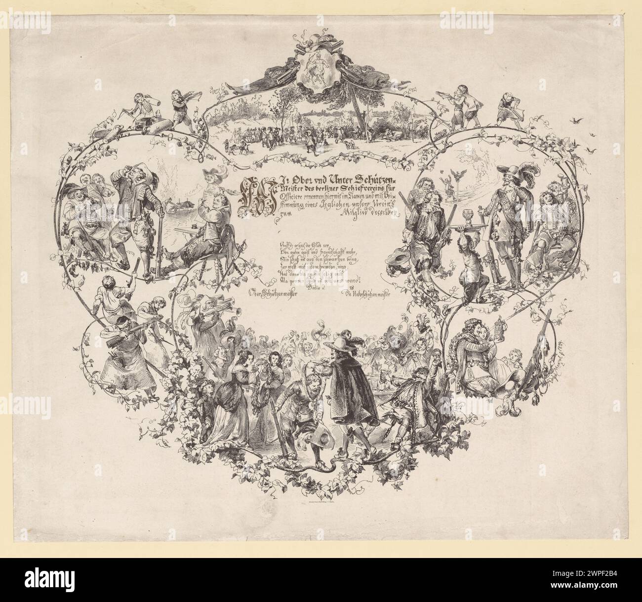 Diplom der Berliner Strzelecki-Gesellschaft, geschaffen von Adolph Menzel und herausgegeben von Sachse Ludwig & Co 1839. Stockfoto