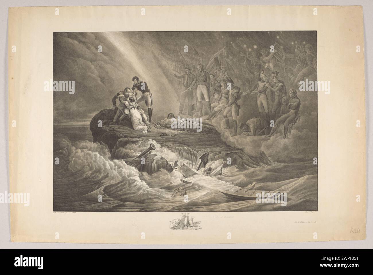 Gemälde über den Tod Napoleons Bonapartes, geschaffen 1822 von Horace Vernet, Joseph Völlinger und Johann Velten, mit historischen Szenen und Figuren. Stockfoto