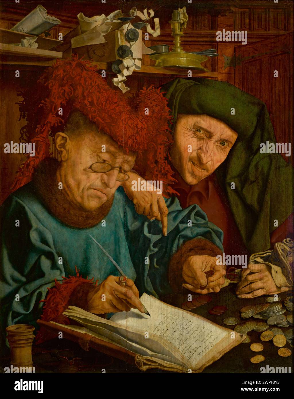 Gemälde von Marinus Claeszon van Reymerswale, das die Gier mit Figuren, Geld, Büchern, Kopfbedeckungen und traditionellen Kostümen in niederländischen Genres veranschaulicht. Stockfoto