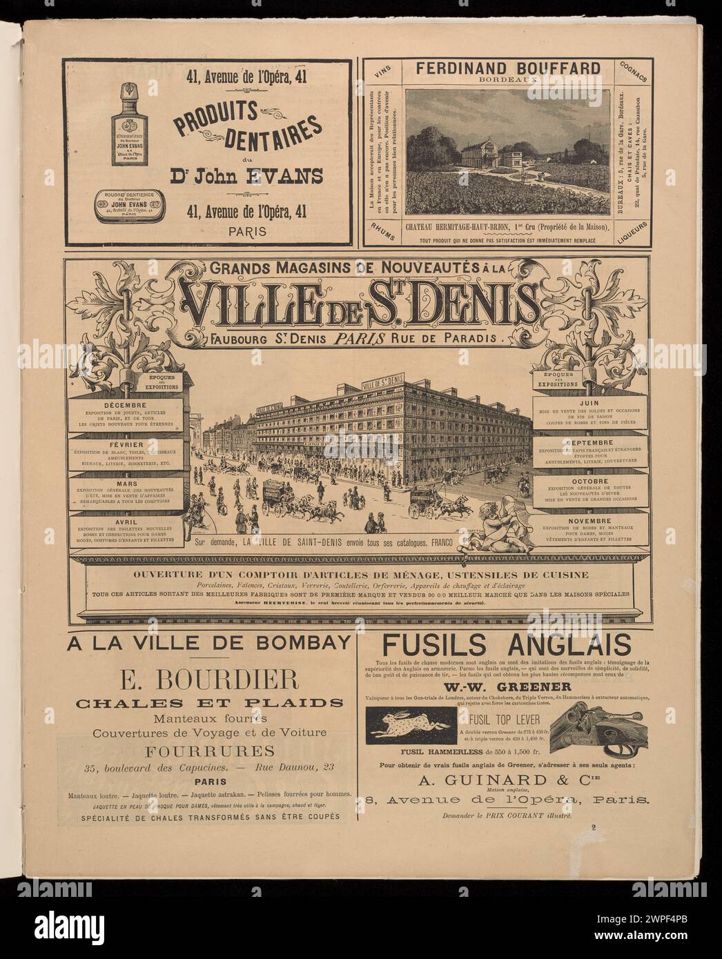 Eine von Albert Quantin illustrierte Le Figaro-Karte aus dem Jahr 1884-1885 mit gedruckten Anzeigen und Kunstwerken im französischen Stil des späten 19. Jahrhunderts. Stockfoto